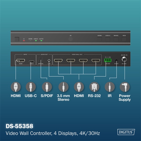 DIGITUS DS-55358 HDMI 4K UHD 30Hz 4 kilejzős videofal vezérlő