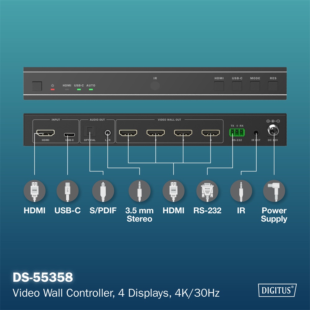 DIGITUS DS-55358 HDMI 4K UHD 30Hz 4 kilejzős videofal vezérlő