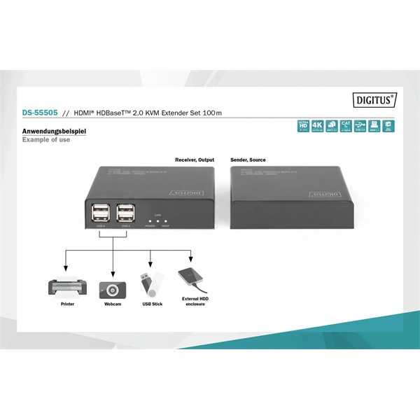 DIGITUS DS-55505 HDMI UHD 4K 60Hz Cat.6A/Cat.7/Cat.8 100m KVM extender szett