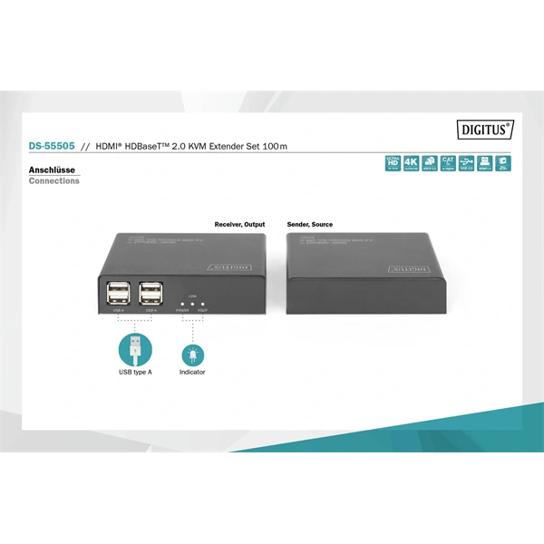 DIGITUS DS-55505 HDMI UHD 4K 60Hz Cat.6A/Cat.7/Cat.8 100m KVM extender szett