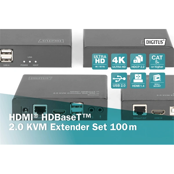 DIGITUS DS-55505 HDMI UHD 4K 60Hz Cat.6A/Cat.7/Cat.8 100m KVM extender szett