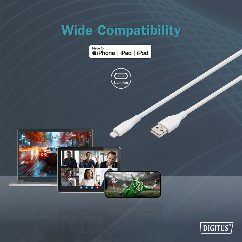 DIGITUS High Speed USB-A 2.0 Lightning fehér szilikon töltőkábel 1m