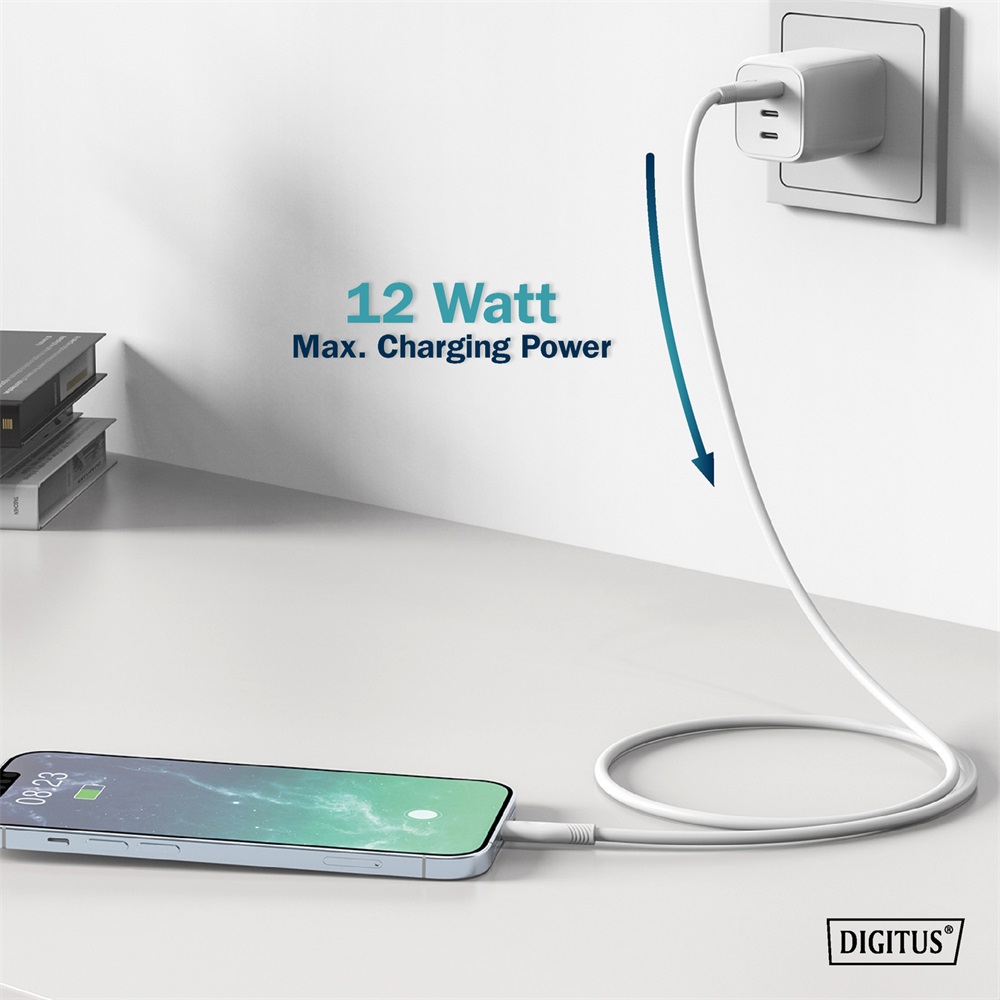 DIGITUS High Speed USB-A 2.0 Lightning fehér szilikon töltőkábel 1m