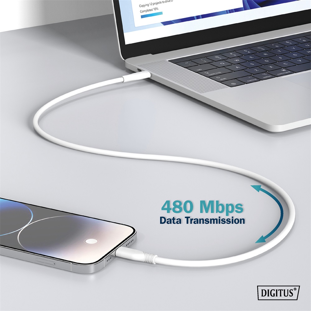 DIGITUS High Speed USB-A 2.0 Lightning fehér szilikon töltőkábel 1m