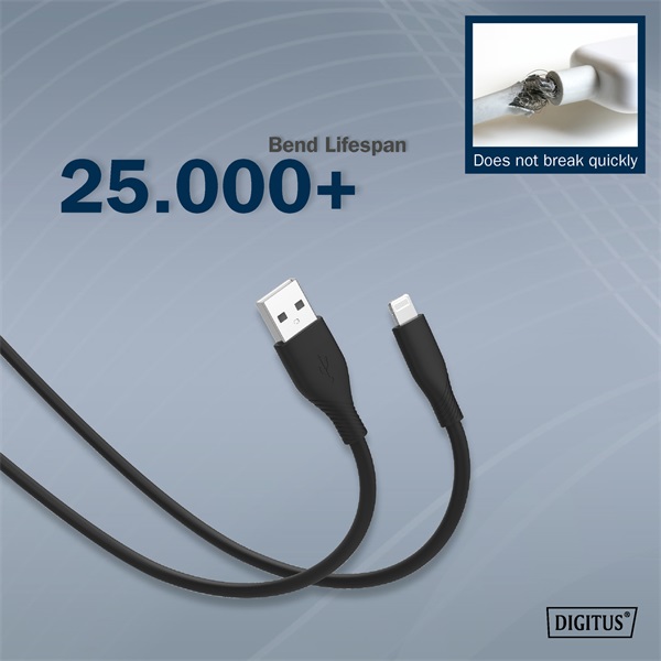 DIGITUS High Speed USB-A 2.0 Lightning fekete szilikon töltőkábel 1m