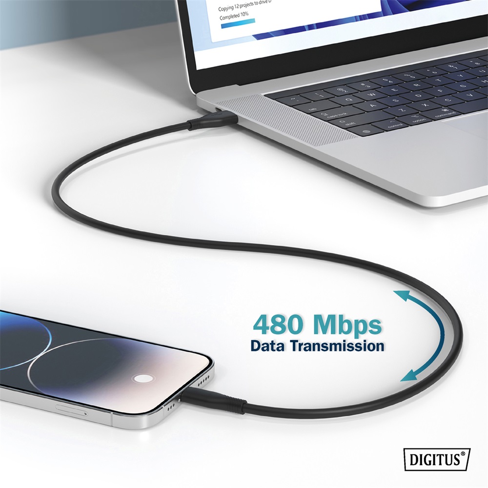 DIGITUS High Speed USB-A 2.0 Lightning fekete szilikon töltőkábel 1m