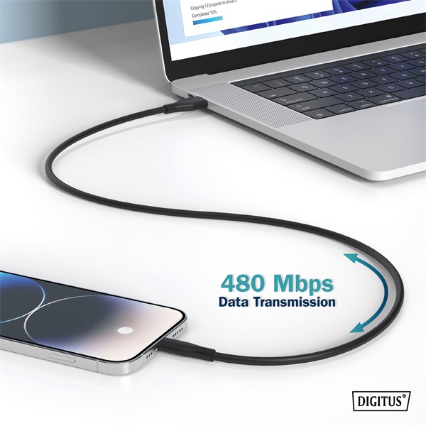 DIGITUS High Speed USB-A 2.0 Lightning fekete szilikon töltőkábel 2m
