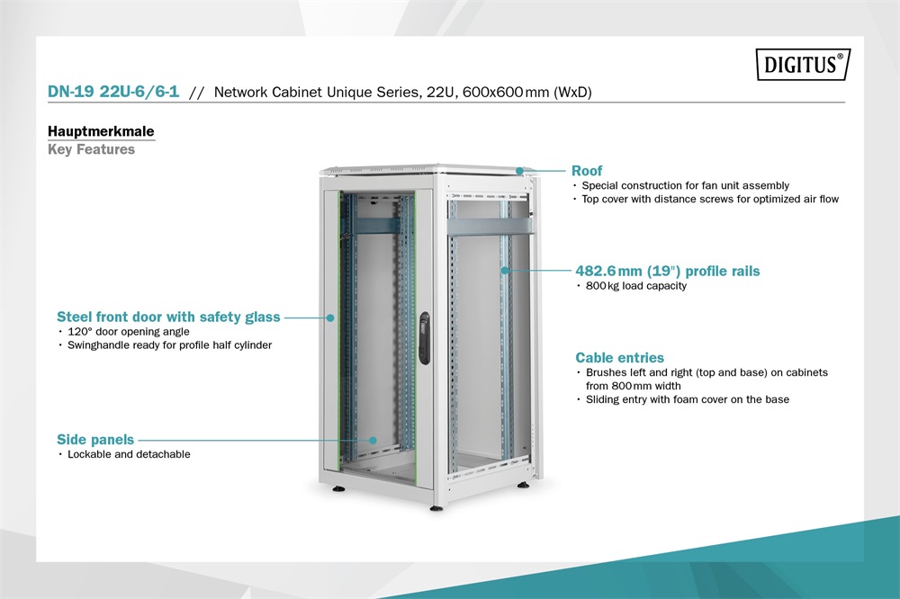 DIGITUS Rack Unique 19" 22U 1164x600x600mm üvegajtós szürke álló rack szekrény