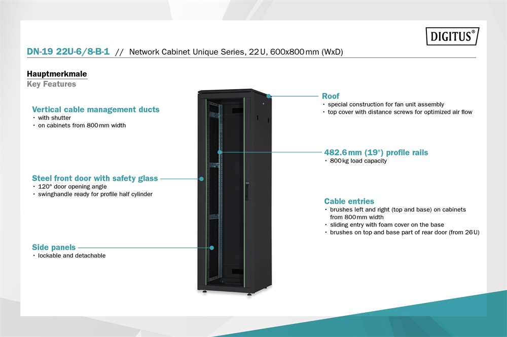 DIGITUS Rack Unique 19" 22U 1164x600x800mm üvegajtós fekete álló rack szekrény