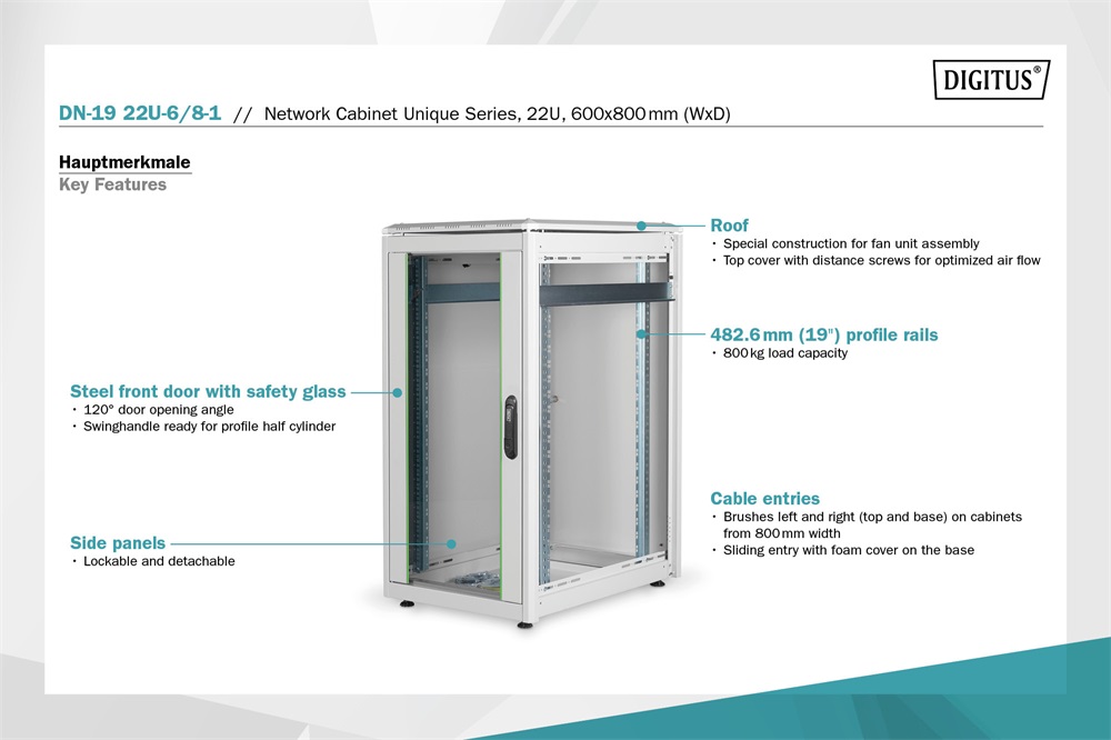 DIGITUS Rack Unique 19" 22U 1164x600x800mm üvegajtós szürke álló rack szekrény