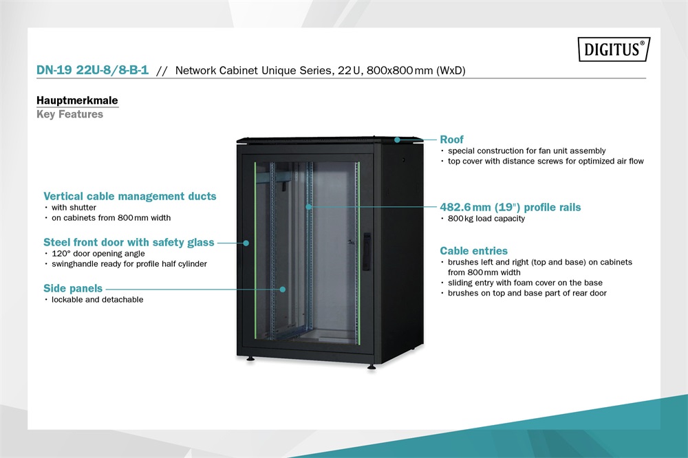 DIGITUS Rack Unique 19" 22U 1164x800x800mm üvegajtós fekete álló rack szekrény