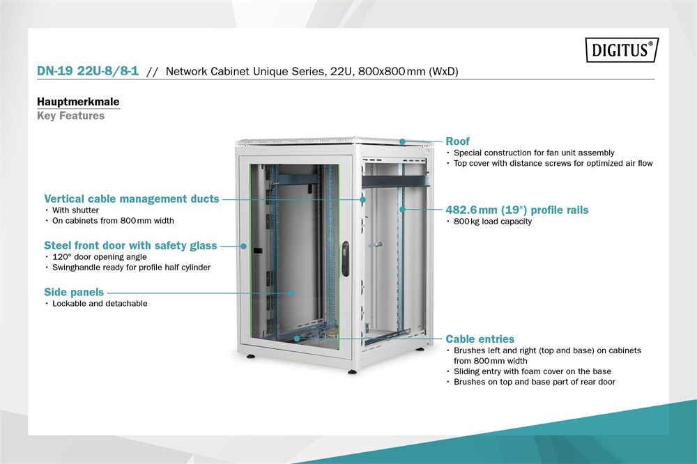 DIGITUS Rack Unique 19" 22U 1164x800x800mm üvegajtós szürke álló rack szekrény