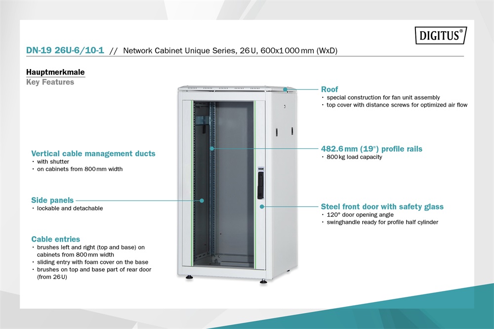 DIGITUS Rack Unique 19" 26U 1342x600x1000mm üvegajtós szürke álló rack szekrény