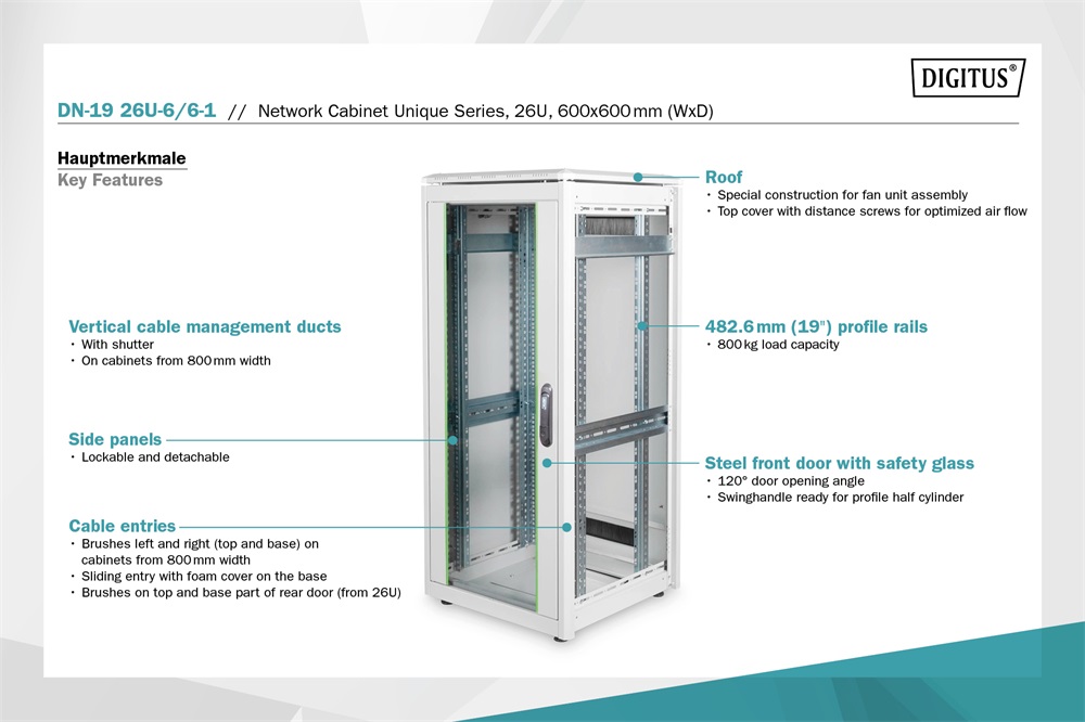 DIGITUS Rack Unique 19" 26U 1342x600x600mm üvegajtós szürke álló rack szekrény