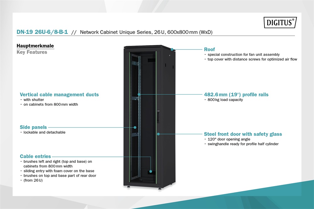 DIGITUS Rack Unique 19" 26U 1342x600x800mm üvegajtós fekete álló rack szekrény