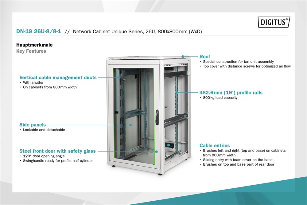 DIGITUS Rack Unique 19" 26U 1342x800x800mm üvegajtós szürke álló rack szekrény
