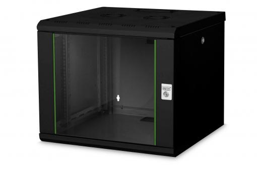DIGITUS Rack Unique 19" 9U 509x600x600mm üvegajtós fekete fali rack szekrény