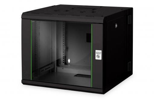 DIGITUS Rack Unique 19" 9U 509x600x600mm kétrészes üvegajtós fekete fali rack szekrény
