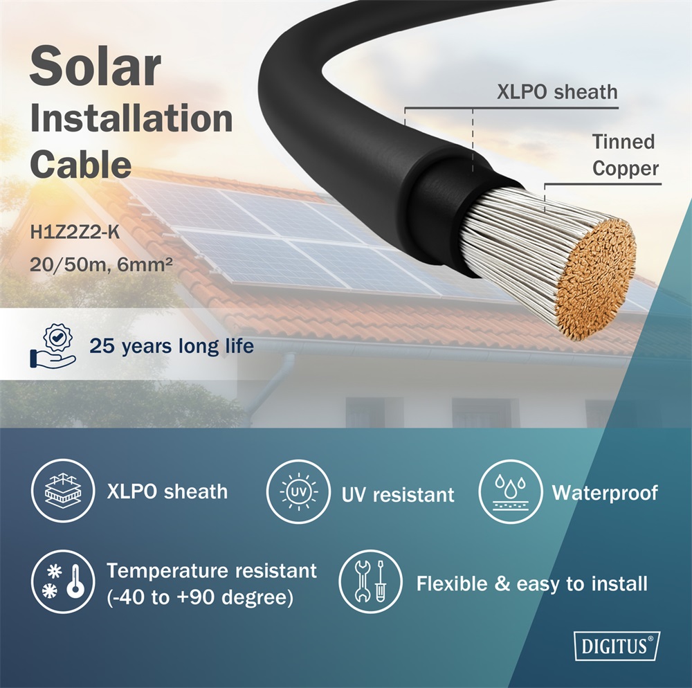 DIGITUS Solar 6mm 1500V DC XLPO napelemes kültéri fekete telepítőkábel 20m