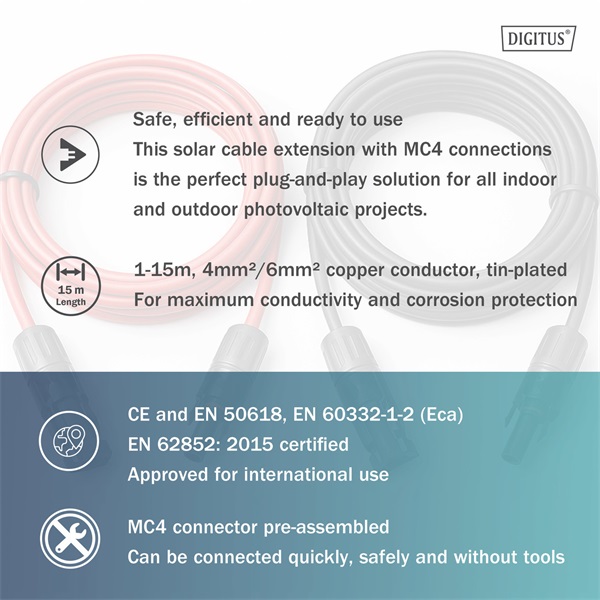 DIGITUS Solar 6mm 1500V DC XLPO napelemes kültéri kábelhosszabbító MC4 csatlakozóval 10m