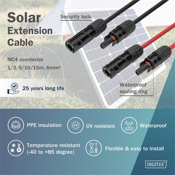 DIGITUS Solar 6mm 1500V DC XLPO napelemes kültéri kábelhosszabbító MC4 csatlakozóval 1m