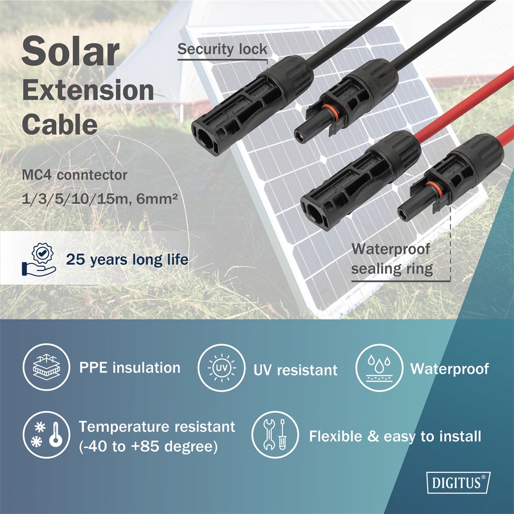 DIGITUS Solar 6mm 1500V DC XLPO napelemes kültéri kábelhosszabbító MC4 csatlakozóval 1m