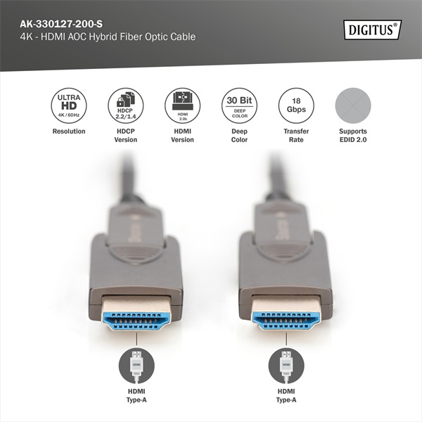 DIGITUS UHD 4K 120Hz aranyozott 2.0b kivehető csatlakozóval AOC optikai HDMI kábel 20m