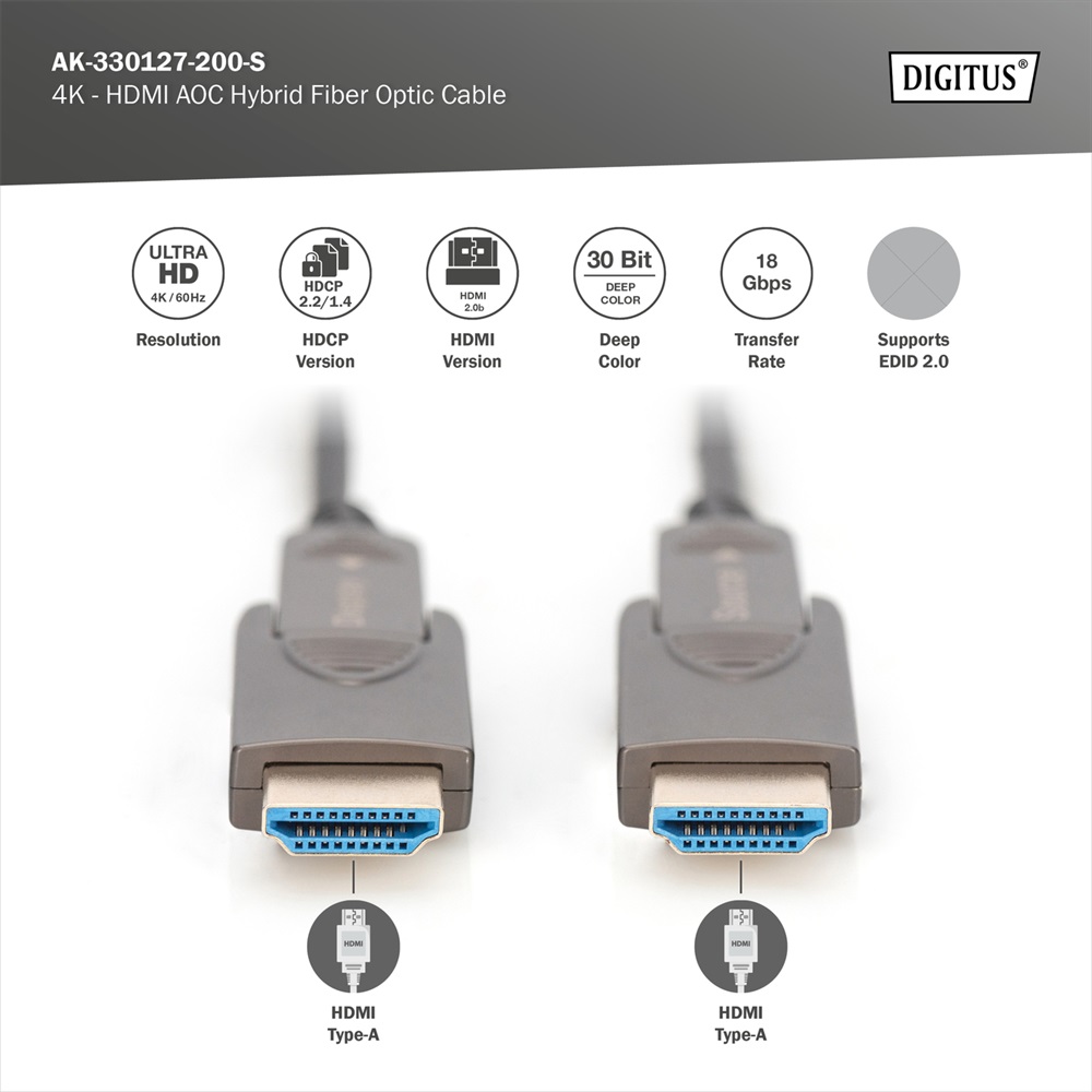 DIGITUS UHD 4K 120Hz aranyozott 2.0b kivehető csatlakozóval AOC optikai HDMI kábel 20m