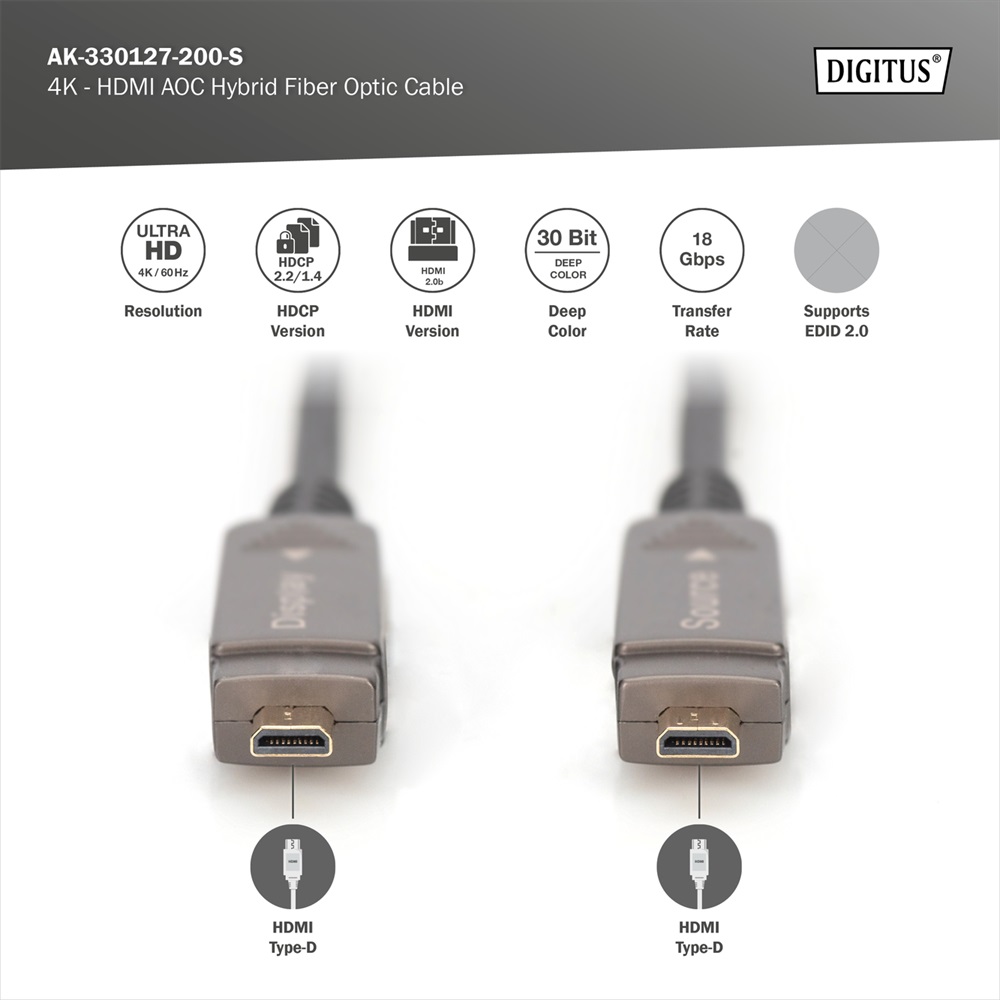 DIGITUS UHD 4K 120Hz aranyozott 2.0b kivehető csatlakozóval AOC optikai HDMI kábel 20m