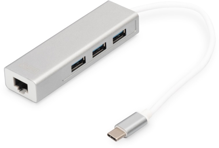 DIGITUS USB Type-C Gigabit Ethernet adapter + 3 portos USB HUB