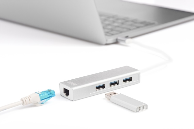 DIGITUS USB Type-C Gigabit Ethernet adapter + 3 portos USB HUB