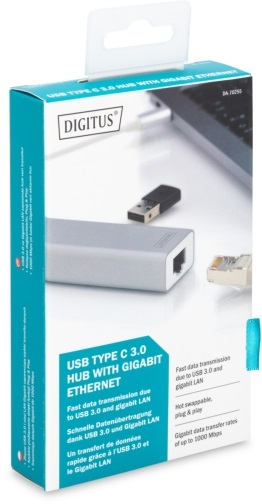 DIGITUS USB Type-C Gigabit Ethernet adapter + 3 portos USB HUB