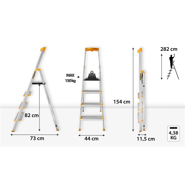DRABEST MAX 4 (3+1) lépcsős alumínium létra, összecsukható, 150 kg teherbírás