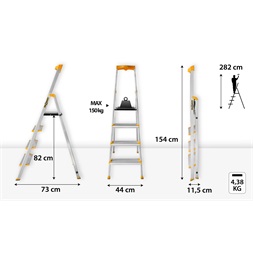 DRABEST MAX 4 (3+1) lépcsős alumínium létra, összecsukható, 150 kg teherbírás