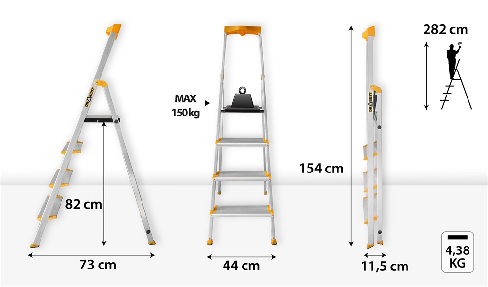 DRABEST MAX 4 (3+1) lépcsős alumínium létra, összecsukható, 150 kg teherbírás