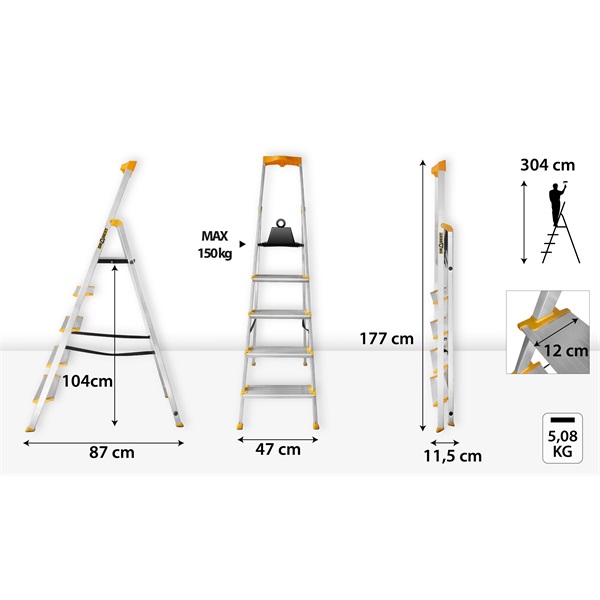 DRABEST MAX 5 (4+1) lépcsős alumínium létra, összecsukható, 150 kg teherbírás