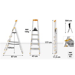 DRABEST MAX 5 (4+1) lépcsős alumínium létra, összecsukható, 150 kg teherbírás