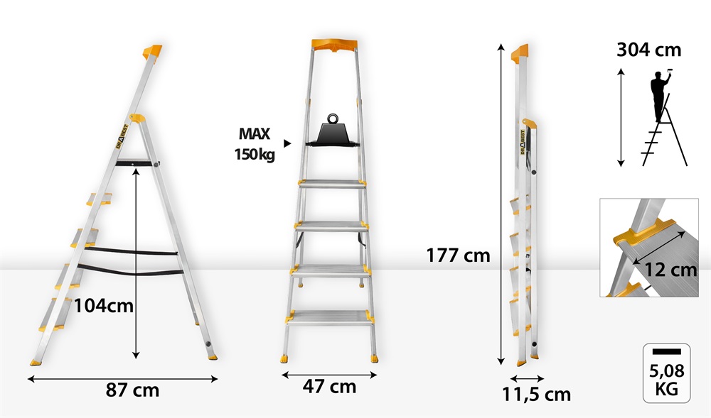 DRABEST MAX 5 (4+1) lépcsős alumínium létra, összecsukható, 150 kg teherbírás