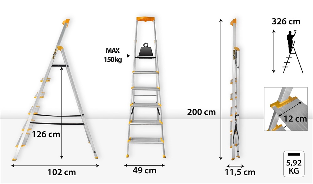 DRABEST MAX 6 (5+1) lépcsős alumínium létra, összecsukható, 150 kg teherbírás
