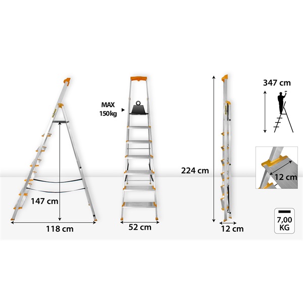DRABEST MAX 7 (6+1) lépcsős alumínium létra, összecsukható, 150 kg teherbírás