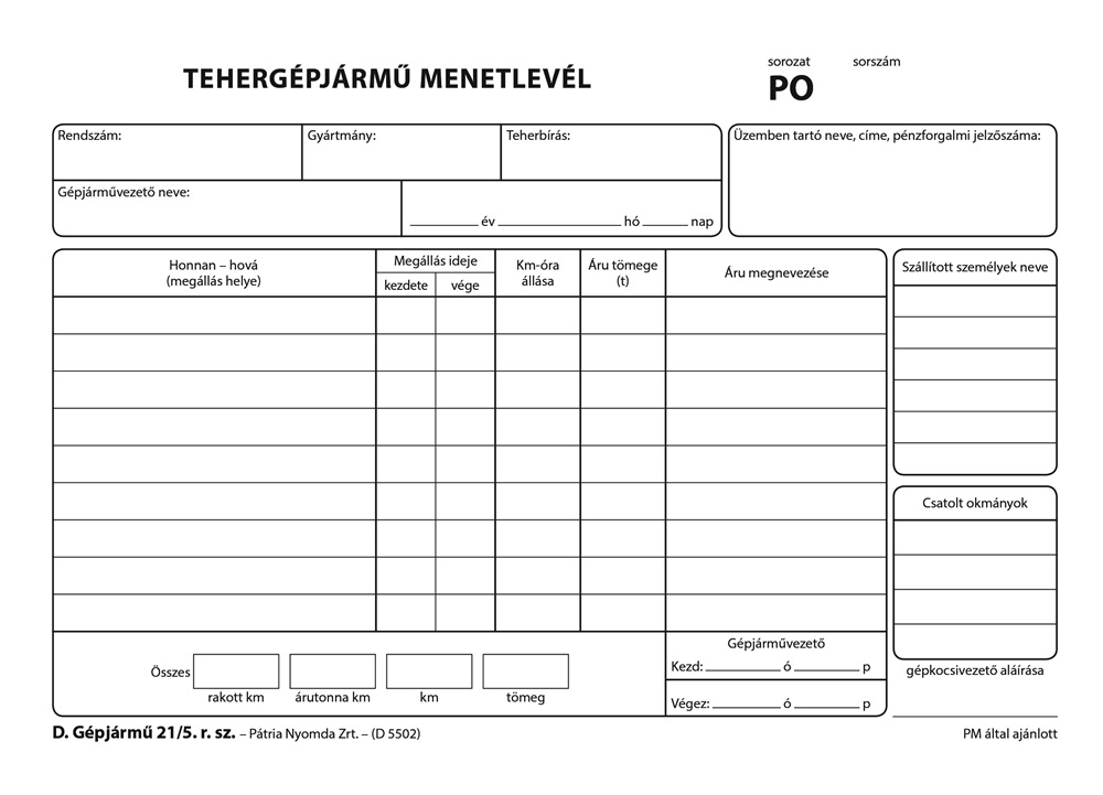 D.GEPJ.21/5 A5 100lapos fekvő "Tehergépjármű menetlevél" nyomtatvány