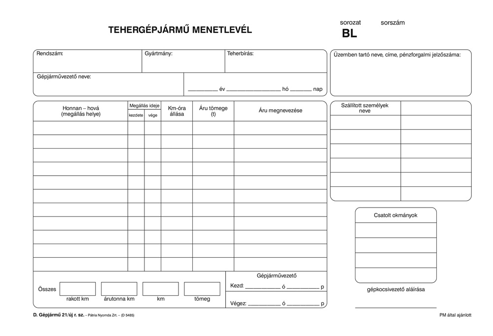 D.GEPJ.21/UJ A4 100lapos fekvő "Tehergépjármű menetlevél" nyomtatvány