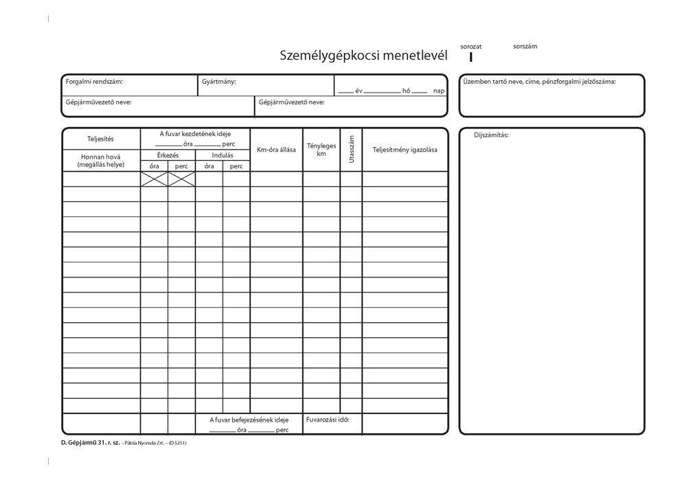 D.GEPJ.31 100 lapos tömb A4 fekvő "Személygépkocsi menetlevél" nyomtatvány
