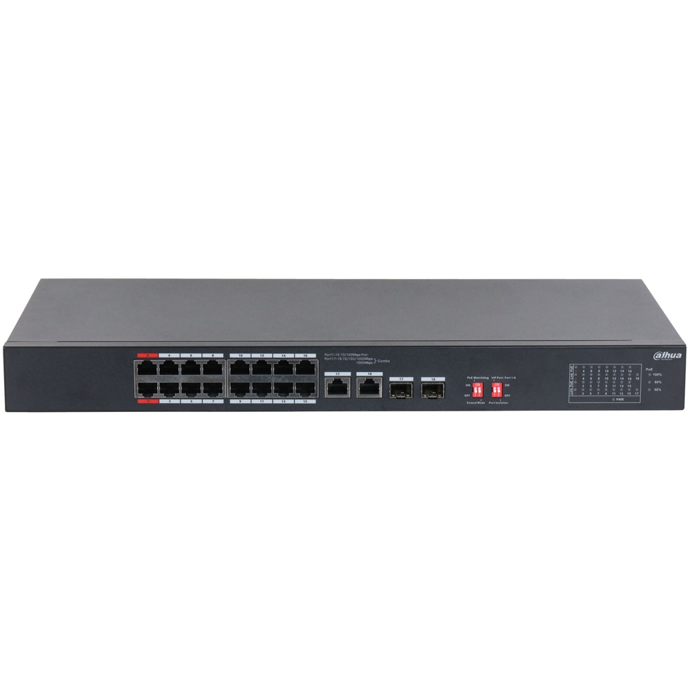 Dahua S3218-16ET-190 16x10/100 Mbps PoE + 2x1 Gbps RJ-45/SFP Combo Uplink/190W/nem menedzselhető PoE Switch