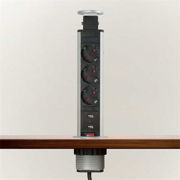 Delight 20430BU szálcsiszolt ezüst 3-as rejtett elosztó + 2 USB-A port