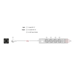 Delock 11206 Fehér színu négy foglalatú hosszabbítós konnektor USB töltovel és kisülés védelemmel