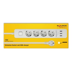 Delock 11206 Fehér színu négy foglalatú hosszabbítós konnektor USB töltovel és kisülés védelemmel
