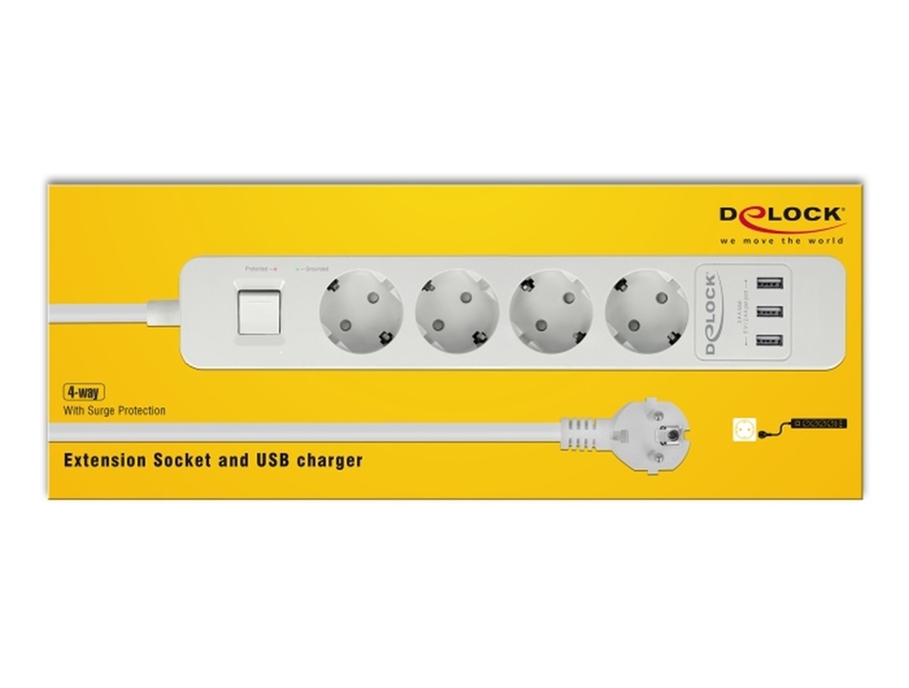 Delock 11206 Fehér színu négy foglalatú hosszabbítós konnektor USB töltovel és kisülés védelemmel