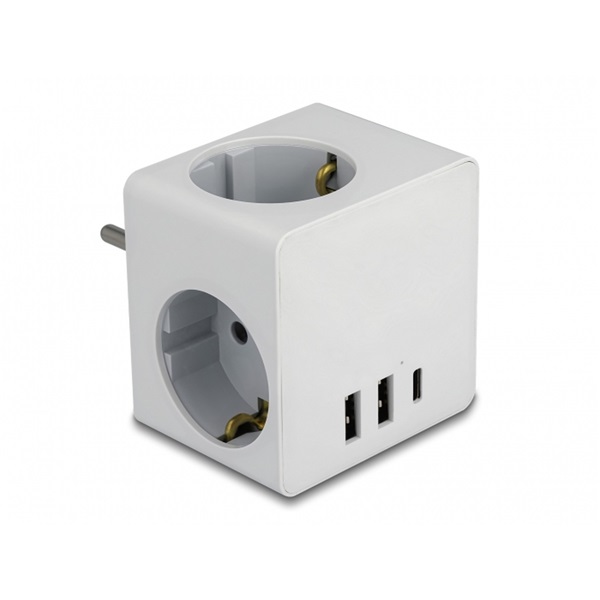 Delock 11496 3-oldalú multi-csatlakozó kocka gyerekzárral és USB töltőfelülettel, fehér