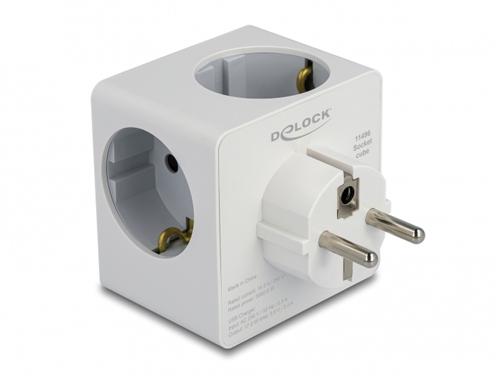 Delock 11496 3-oldalú multi-csatlakozó kocka gyerekzárral és USB töltőfelülettel, fehér